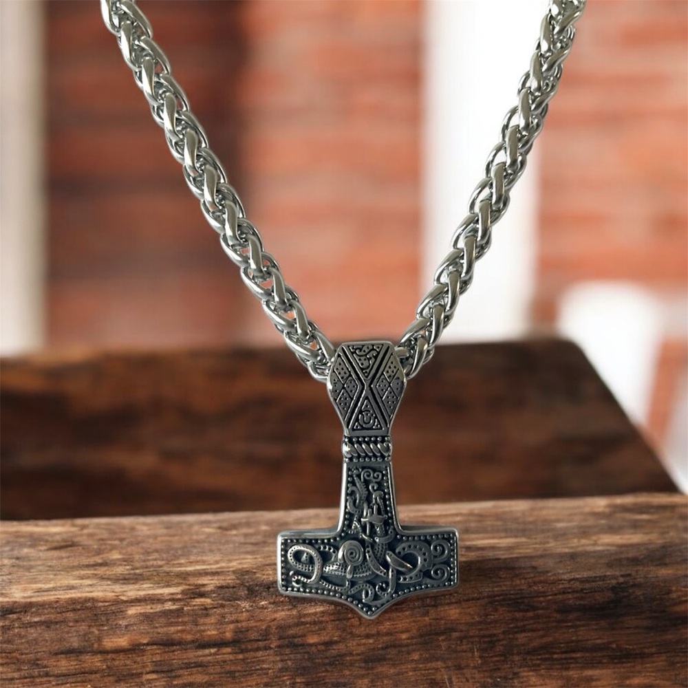 Large Stainless Steel Viking Style Men’s Thor’s Hammer Mjolnir Pendant Necklace
